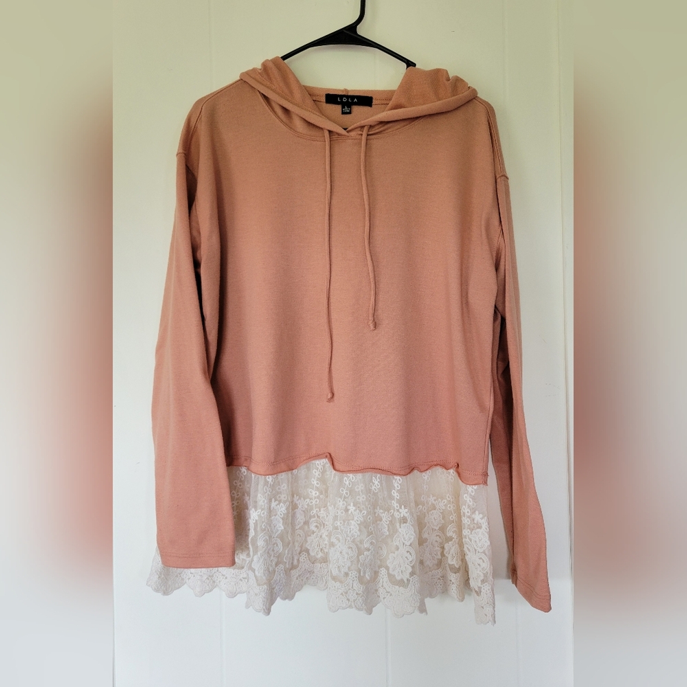 LDLA Peach Lace Trim Long Sleeve Hoodie Size L